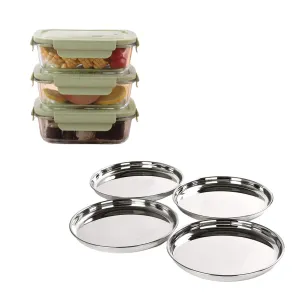 The Better Home Food Containers (Pack of 3) | Food Jars & Containers|Food Storage For Kitchen & SAVYA HOME 4 pcs big Plate Set |Pack and Store Combo (3 Containers   Plate Set)