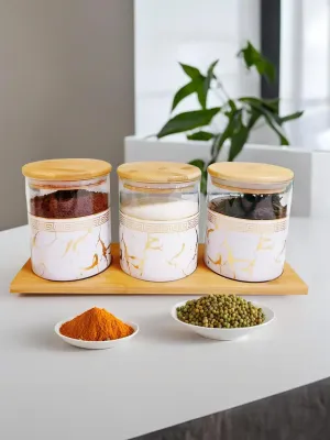 The Better Home Pack of 3 Kitchen Organizer Borosilicate Jars with Bamboo Lid & Tray | 850 ml Each | Glass Jars for Cookies, Spices, Snacks, Tea, Coffee, Sugar | BPA Free | Transparent