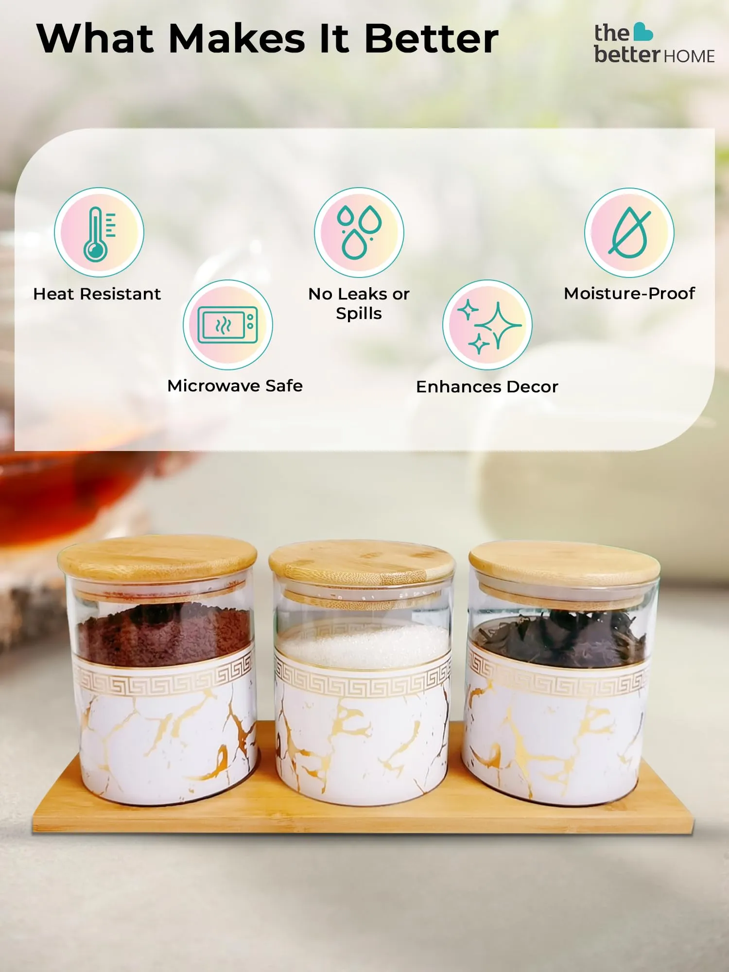 The Better Home Pack of 3 Kitchen Organizer Borosilicate Jars with Bamboo Lid & Tray | 850 ml Each | Glass Jars for Cookies, Spices, Snacks, Tea, Coffee, Sugar | BPA Free | Transparent