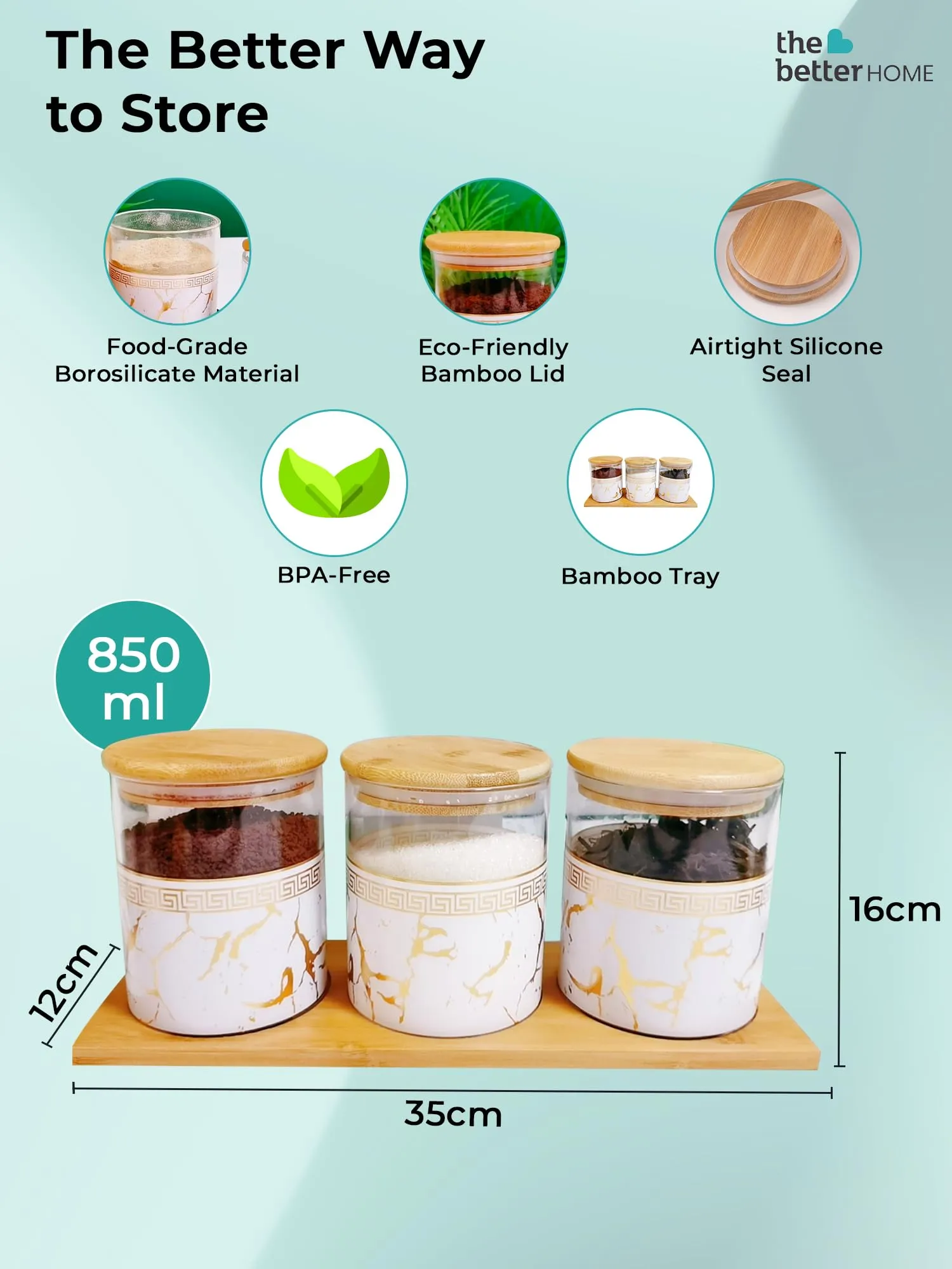 The Better Home Pack of 3 Kitchen Organizer Borosilicate Jars with Bamboo Lid & Tray | 850 ml Each | Glass Jars for Cookies, Spices, Snacks, Tea, Coffee, Sugar | BPA Free | Transparent