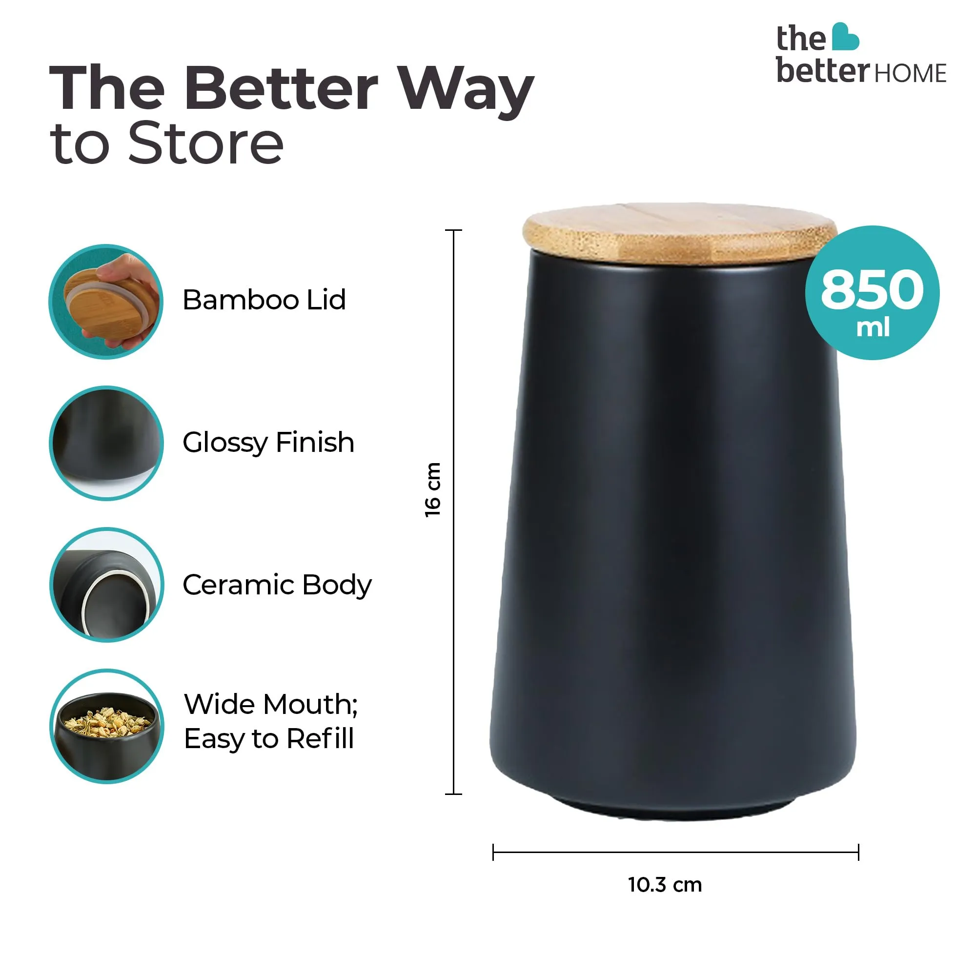 The Better Home Terra Series Ceramic Jar For Kitchen Storage (850ml) | Storage Box For Kitchen | Airtight Container For Kitchen Storage Set | Spice Jar (Black)