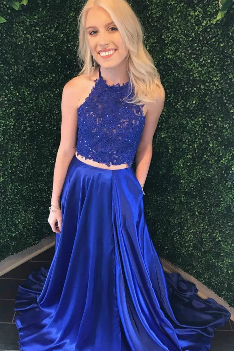 Two Pieces Lace Royal Blue Long Prom Dresses, Royal Blue Lace Formal Dresses, Two Pieces Lace Evening Dresses