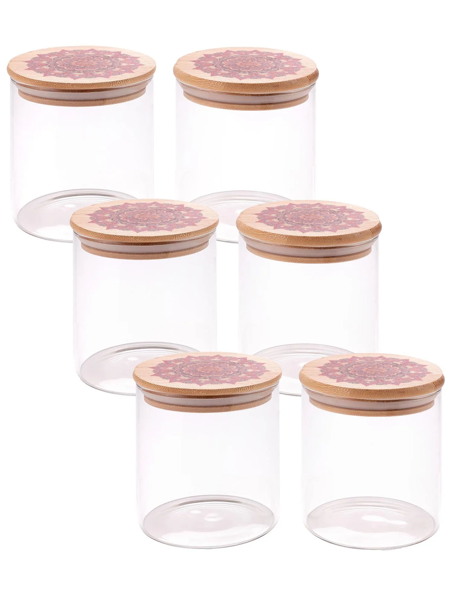 UMAI Pack of 6 Glass Kitchen Containers Set with Printed Bamboo Lid I Airtight Storage Jars I 300ml Each I Multiutility Borosilicate Set for Cookies, Snacks, Spices Tea, Coffee, Sugar, Dry Fruits