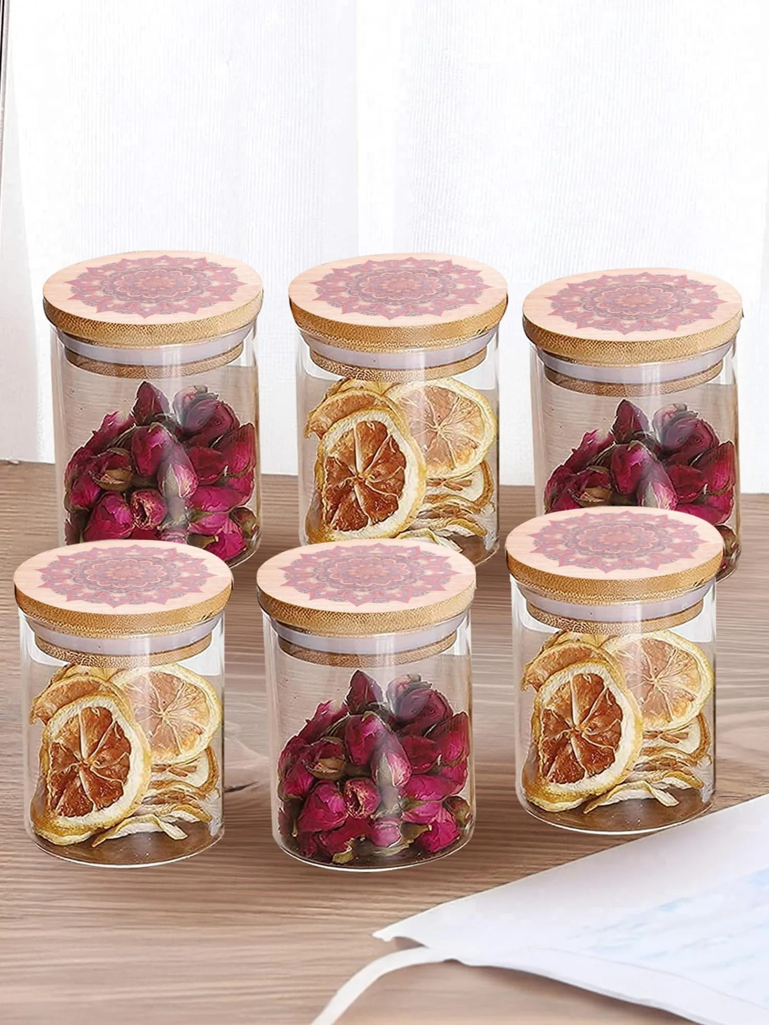 UMAI Pack of 6 Glass Kitchen Containers Set with Printed Bamboo Lid I Airtight Storage Jars I 300ml Each I Multiutility Borosilicate Set for Cookies, Snacks, Spices Tea, Coffee, Sugar, Dry Fruits