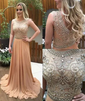 Unique A Line Round Neck Chiffon Rhinestones Beading Champagne Long Prom Dresses, Champagne Formal Dresses, Champagne Evening Dresses