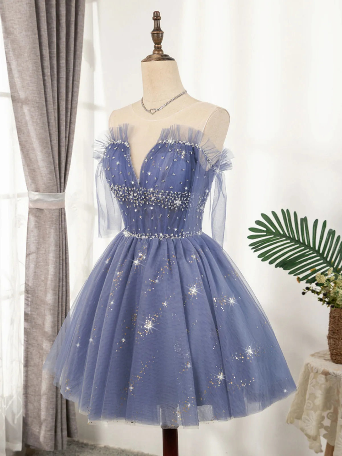 V Neck Off the Shoulder Short Blue Prom Dresses, Short Blue V Neck Graduation Homecoming Dresses