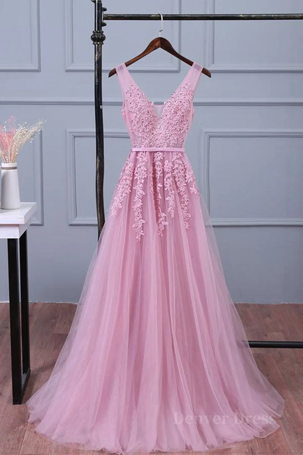 V Neck Pink Lace Prom Dresses Pink V Neck Lace Bridesmaid Formal Dresses