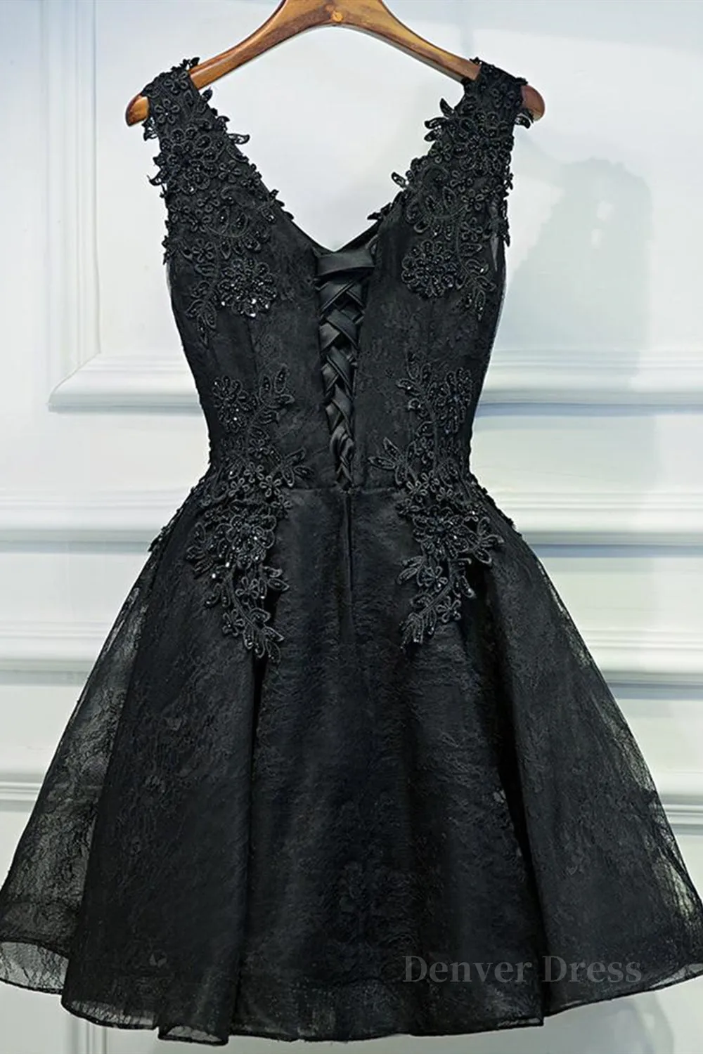 V Neck Short Black Lace Prom Dresses Black Lace Homecoming Dresses Short Black Formal Evening Dresses