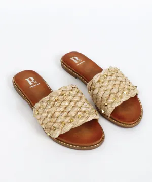 Women`s Flat Raffia Mules - Natural