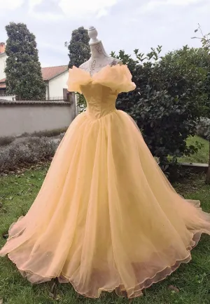 Yellow Tulle Long Prom Dresses A-Line Evening Dresses